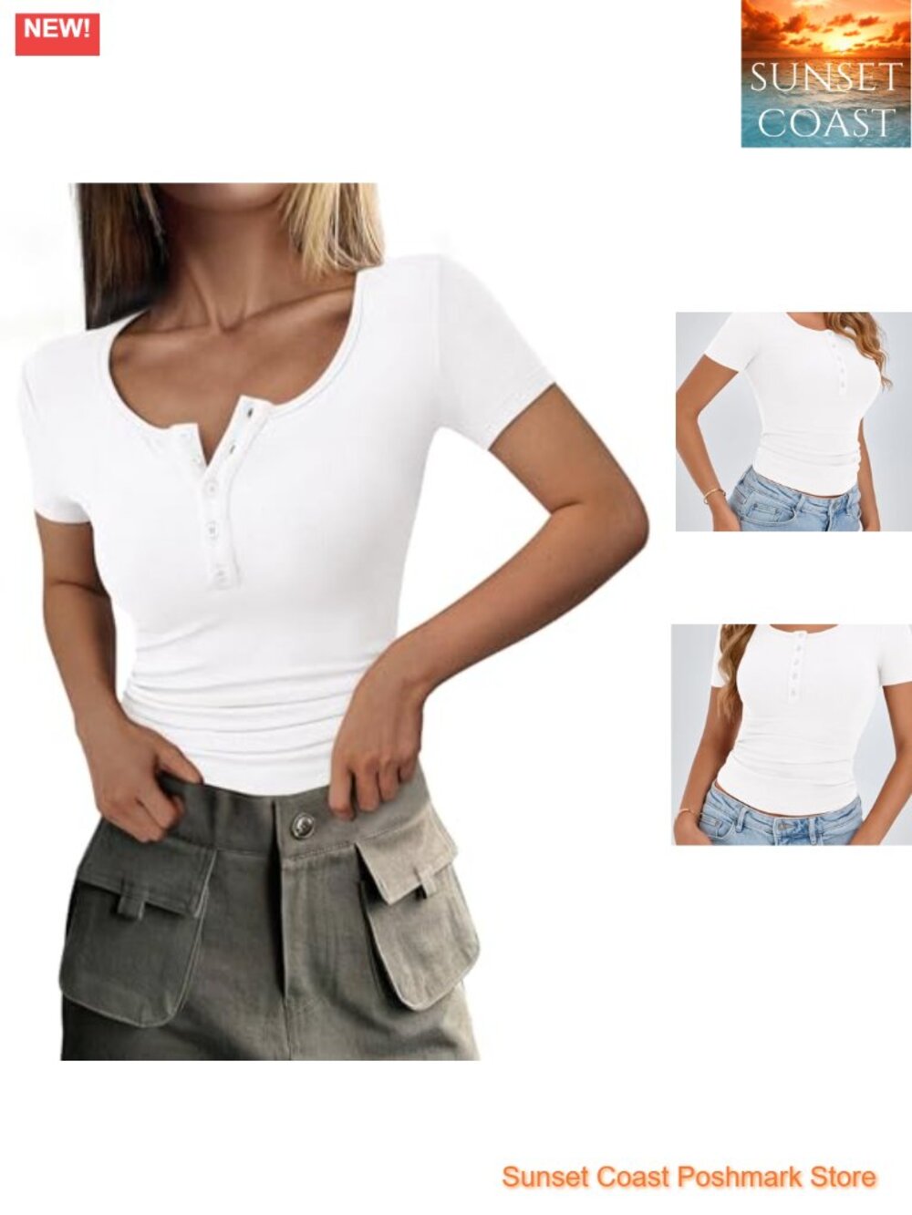 Ribbed Knit Henley V-Neck Short Sleeve Top Slim Fit